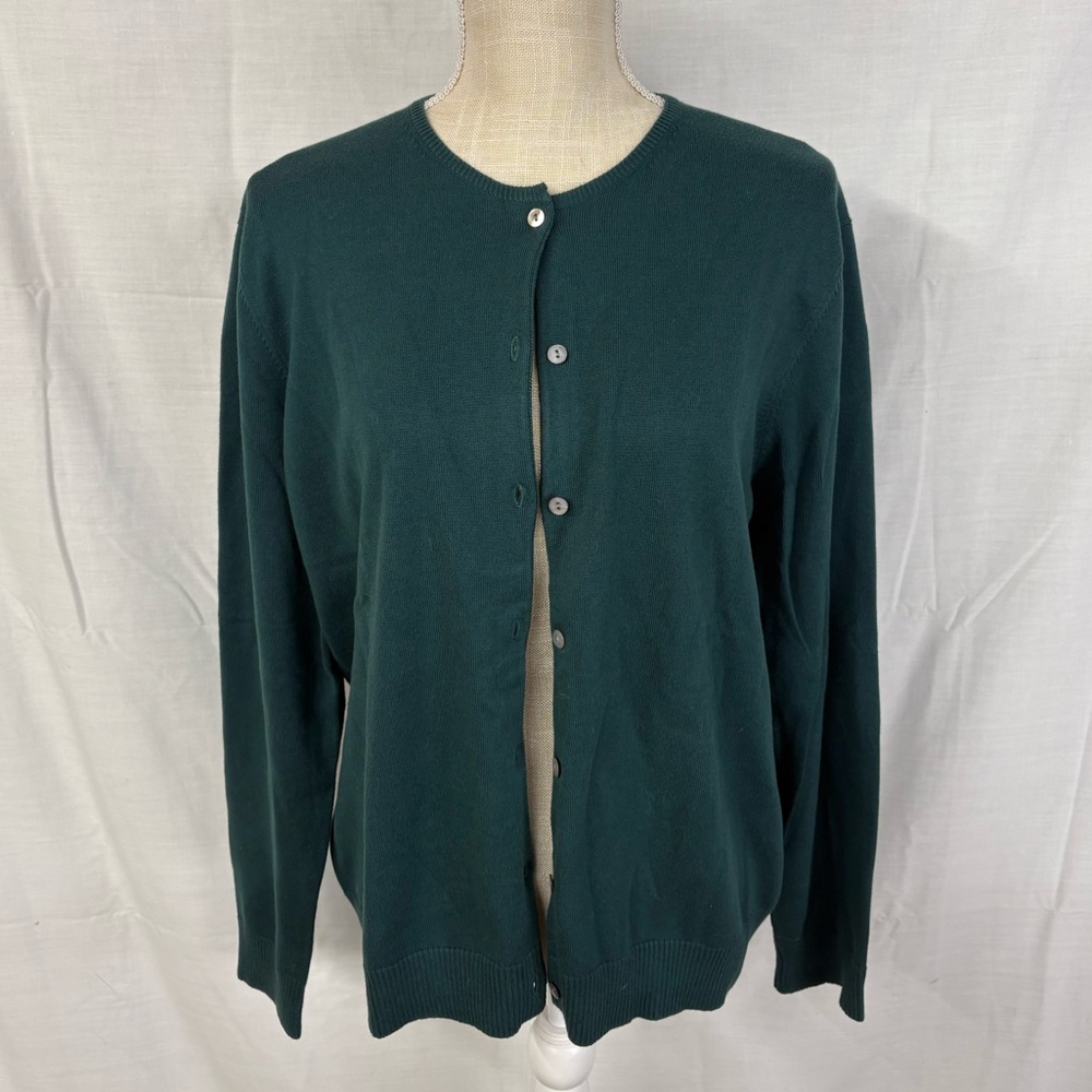 Lands End Women's Dark Green Crewneck Button Cardigan Sweater Spring Layer